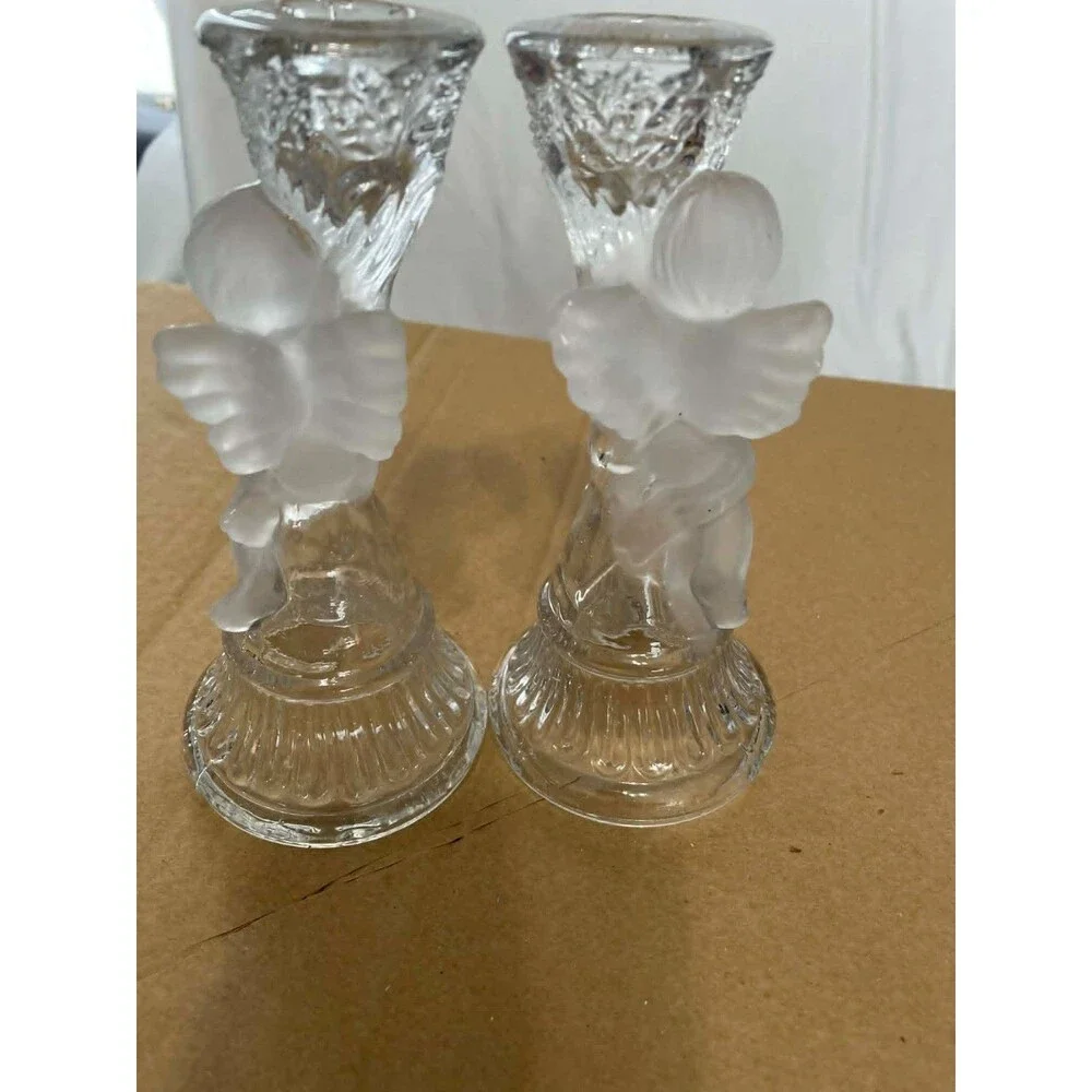 Cherub Candlestick Holders Set of 2 Clear Frosted Glass Angel‎ Decor